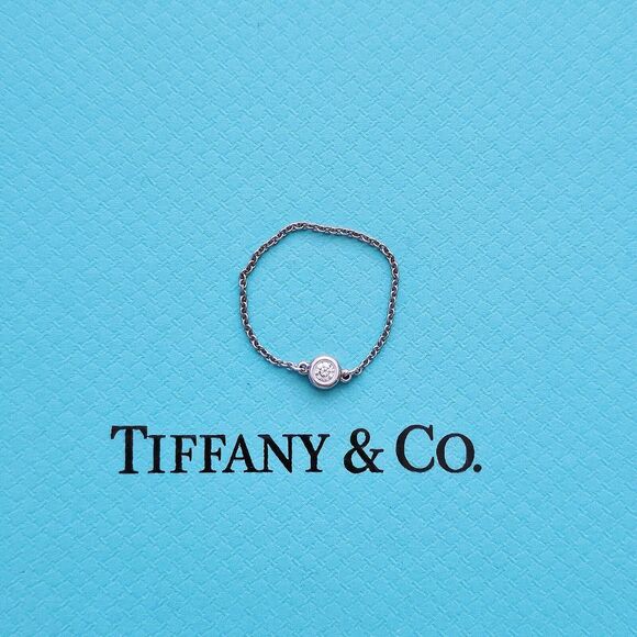 $1200++ Tiffany & Co. Elsa Peretti Platinum Diamond BTY Ring Chain .07 Carats - Picture 1 of 6